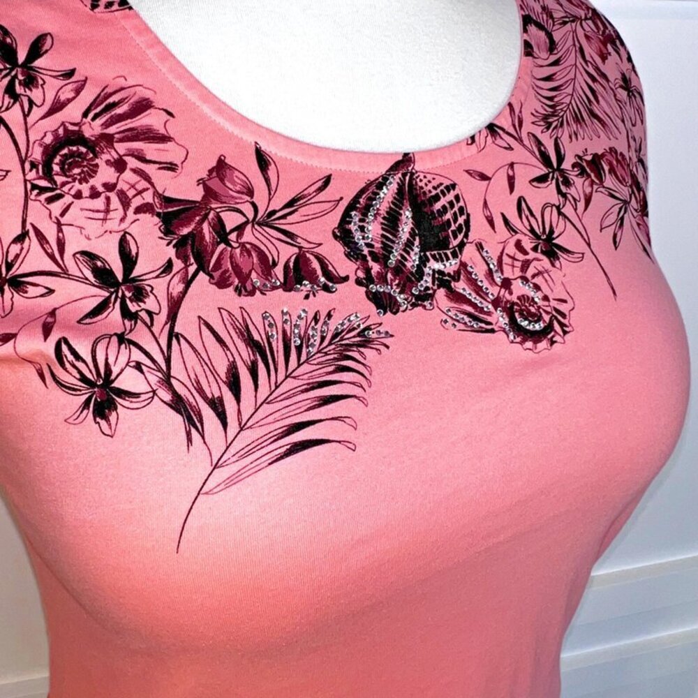 Coral Bay Blouse Womens L Peach Floral Seashell Silver Beaded Neck Short Sleeve - Picture 6 of 14